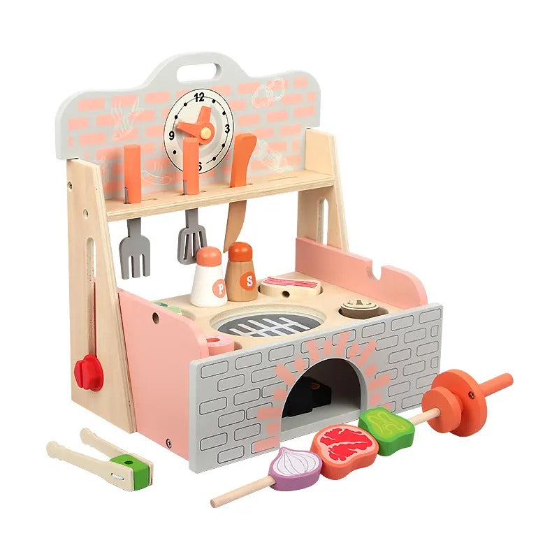 Wooden Pretend Barbecue Grill Teaching Playset