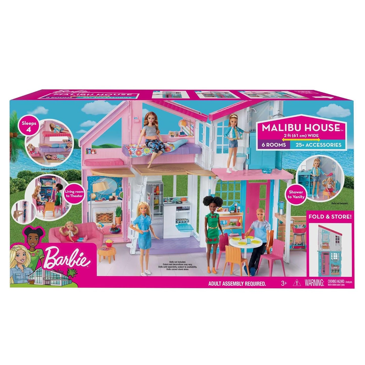 Barbie Malibu Dollhouse with Transformation Features Plus 25+Pieces Including Furniture for Kids