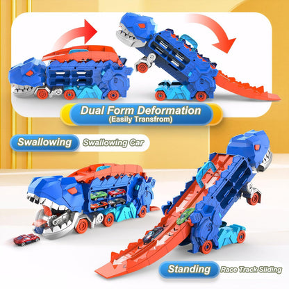 Dinosaur Transporter Truck Foldable Sliding Race Track Toy with 4 Toy Cars for Kids