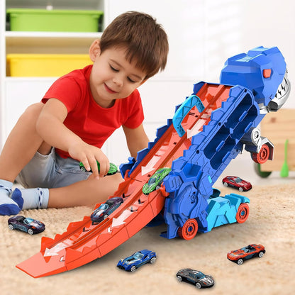 Dinosaur Transporter Truck Foldable Sliding Race Track Toy with 4 Toy Cars for Kids