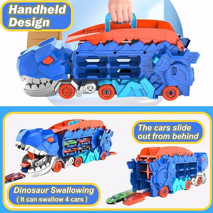 Dinosaur Transporter Truck Foldable Sliding Race Track Toy with 4 Toy Cars for Kids