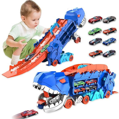 Dinosaur Transporter Truck Foldable Sliding Race Track Toy with 4 Toy Cars for Kids