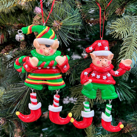 BW Elves With Dangling Legs Ornament (Set of 2)