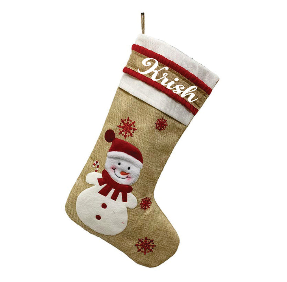 BW  Burlap Holiday Stocking - Snowy Snowman