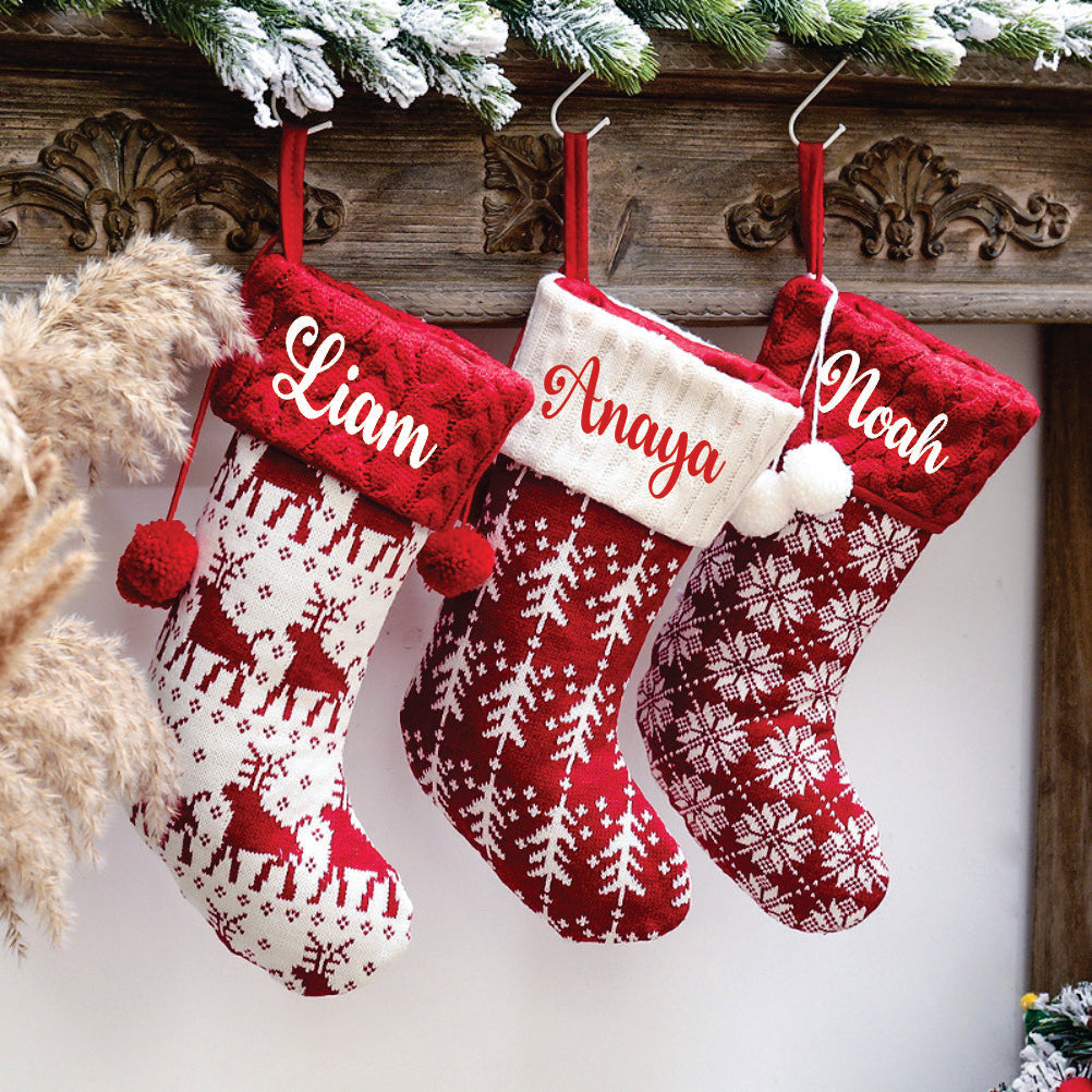 BW Holiday Chevron Cheer Stockings- Red & White Reindeer