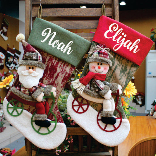 Jr.Billionaire Santa & Snowman On A Bike Stocking- Set of 2