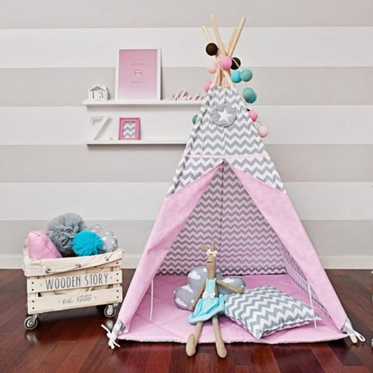 Premium Teepee Set with Floor Mat, Pillows, Garland and Basket