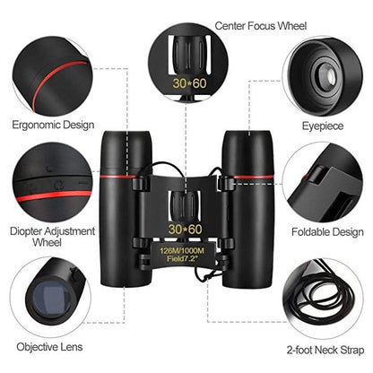 Folding Binoculars With Strap and Pouch - 30x60 Zoom Outdoor Travel